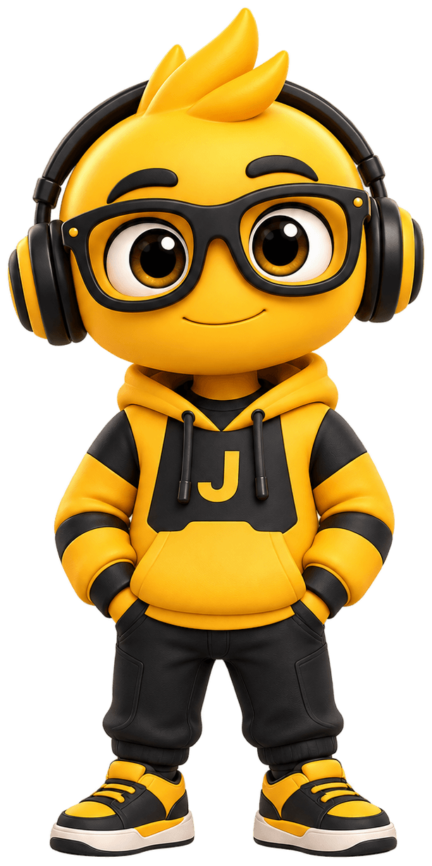 The Junox mascot: a yellow character with glasses, headphones, and a J hoodie